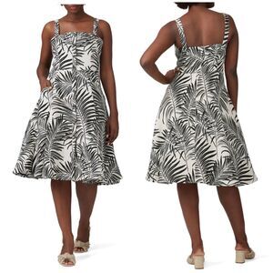 Hutch Aidy Black Ivory Palm Print Midi Knee Length Woven Dress Button Size 2